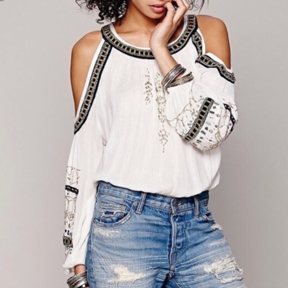 Free People Beaded Cold Shoulder Top